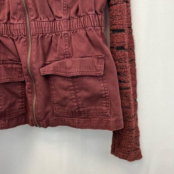 Maurices Womens Long Jean Jacket Wine Full Zip Knit Hood Pockets Collar M - Picture 7 of 10